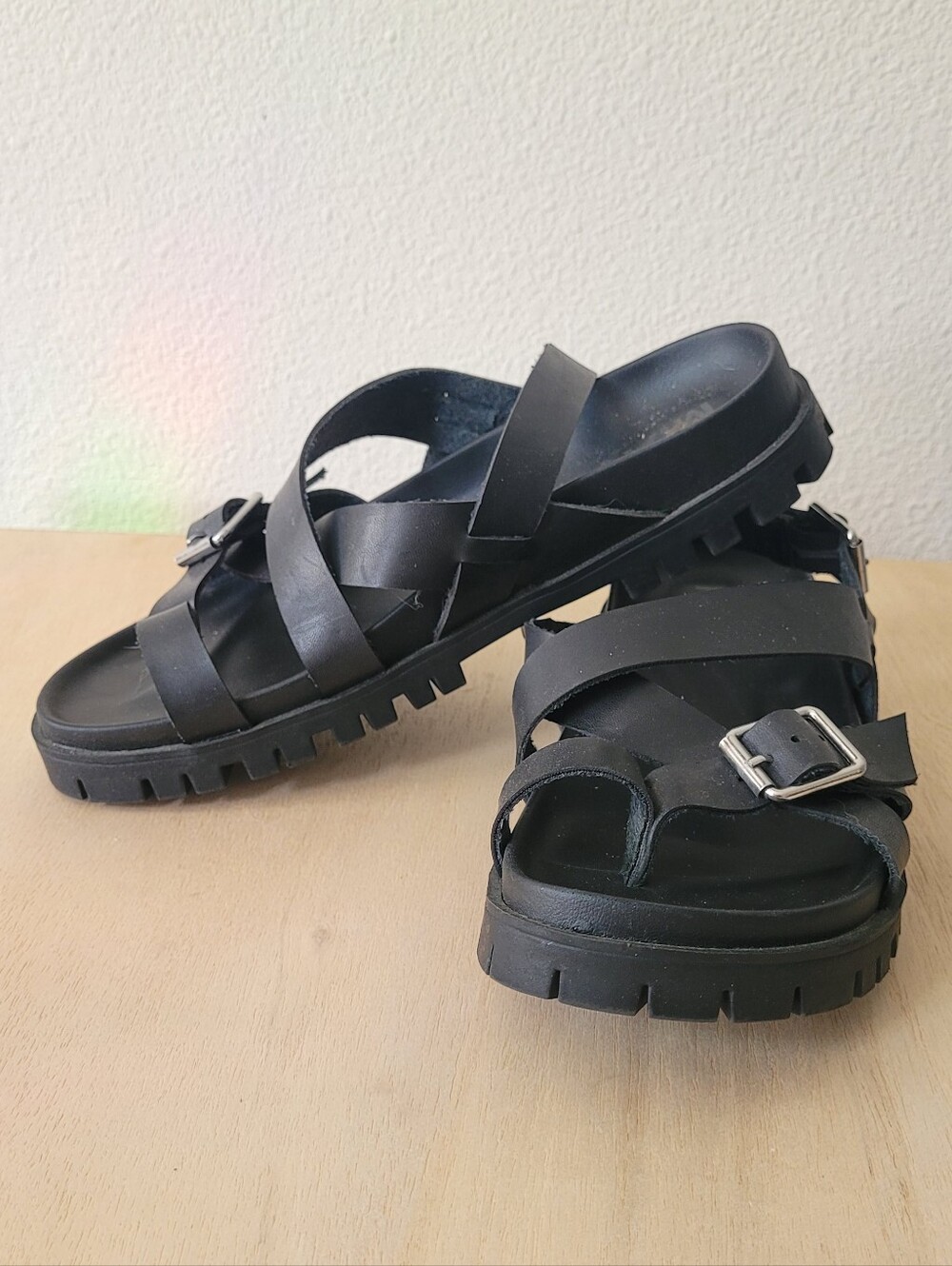 MIA Black Strappy Lug-Sole Buckle Sandals Chunky
